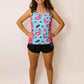 Runner wearing our black split shorts and blue flamingo running singlet.