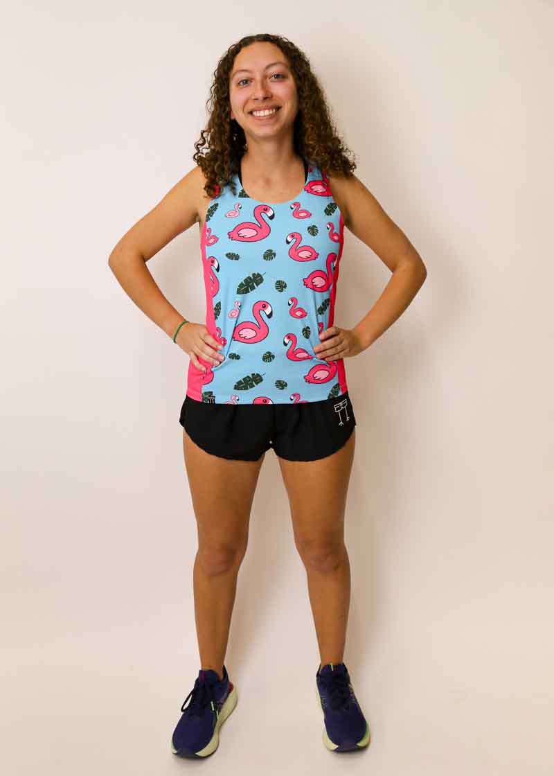 Runner wearing our black split shorts and blue flamingo running singlet.