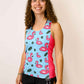 Side view of the women's blue flamingo performance singlet.
