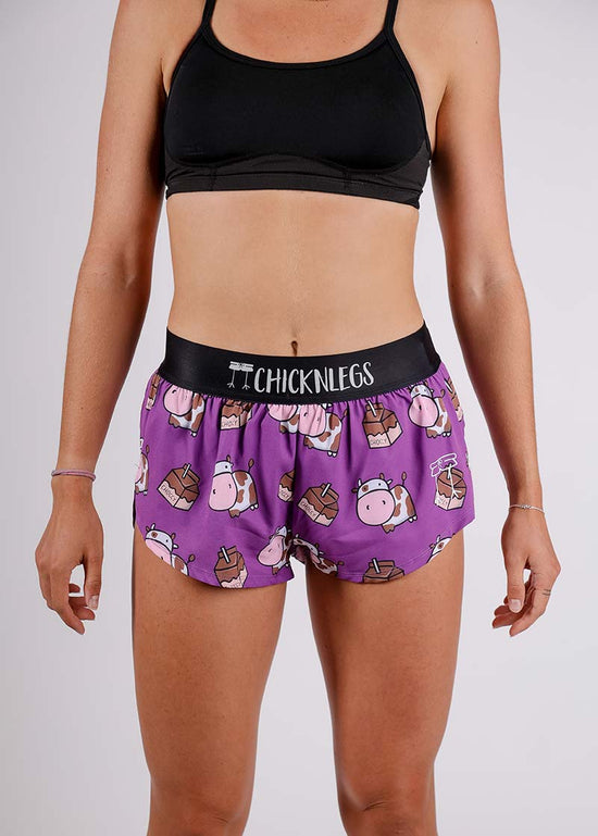 Closeup front view of the women's choccy cows 1.5 inch split running shorts.