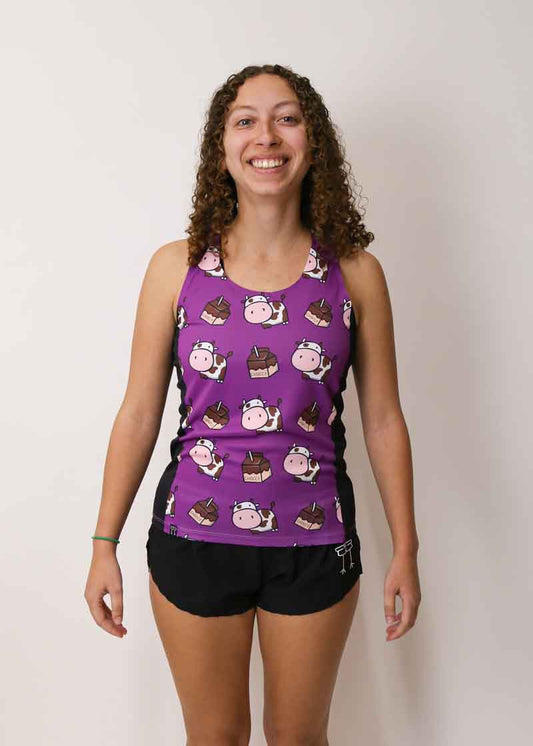 Front view of the women's choccy cows performance running singlet from ChicknLegs.