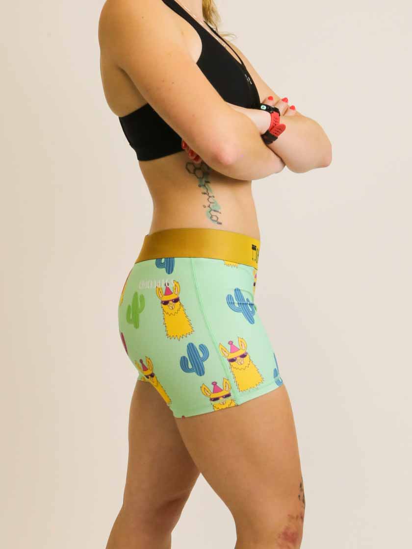 Right side view of the women's 3 inch llamas compression running shorts from ChicknLegs.