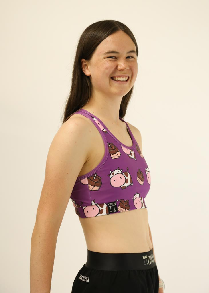 Side view of the women's choccy cows OG Sports Bra.