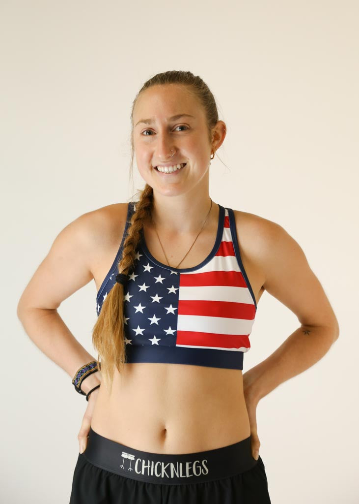 Front view of the women's USA OG running sports bra from ChicknLegs.