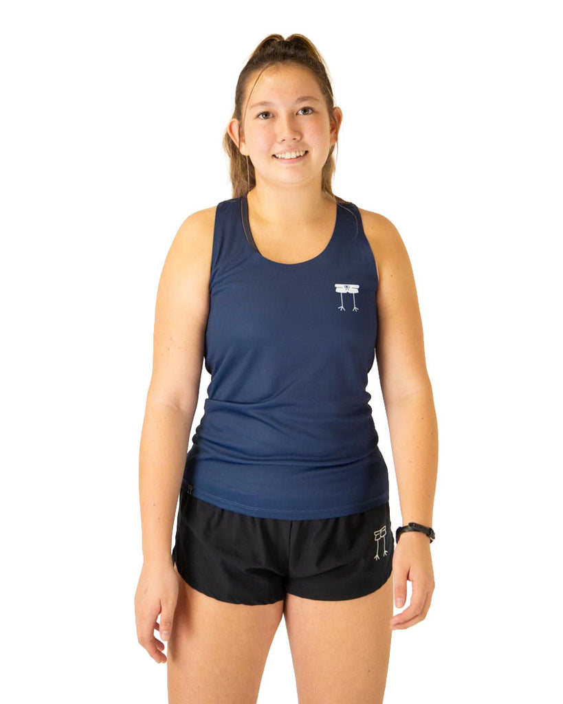 Front view of ChicknLegs Women;s Performance Running Singlet in the Navy solid design, made with lightweight fabric, shown in a fitted athletic cut with seamless neck and arm holes for comfort.