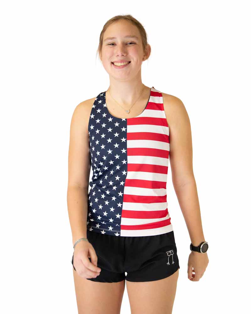 Front view of ChicknLegs Women's Performance Running Singlet in the USA Design, made with lightweight fabric, shown in a fitted athletic cut with seamless neck and arm holes for comfort.