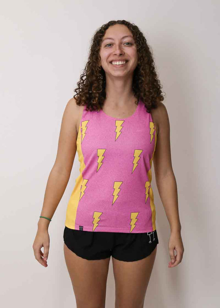 Front view of the women's pink bolts running singlet from ChicknLegs.