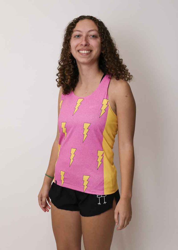 Side view of the women's pink bolts performance running singlet.