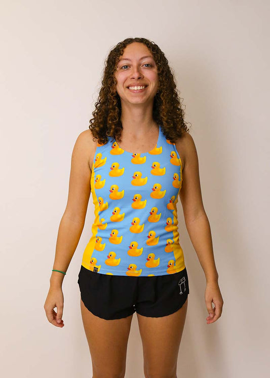 Front view of the women's rubber ducky performance singlet from ChicknLegs.