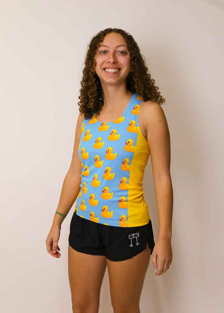 Side view of the women's rubber ducky running singlet from ChicknLegs.