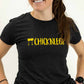 Closeup view of the women's black performance tri-blend tee.