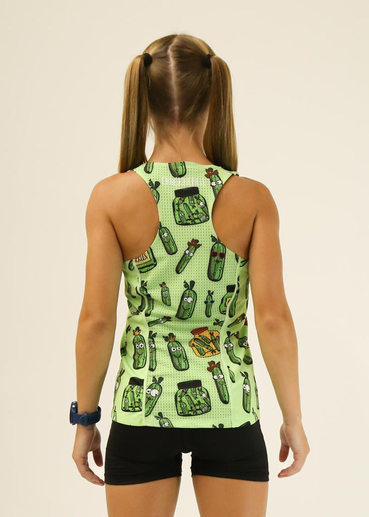 Model is wearing Chicknlegs women's singlet in the pickles design facing back for behind shot.