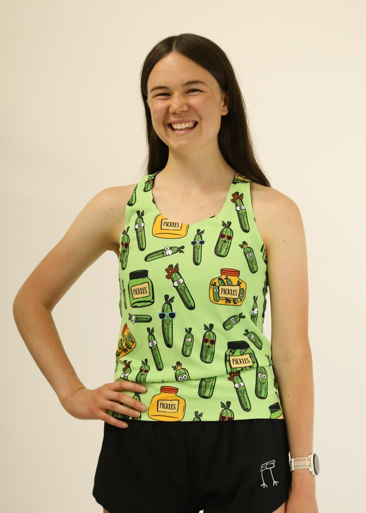 Front view of the women's pickles performance running singlet from ChicknLegs.
