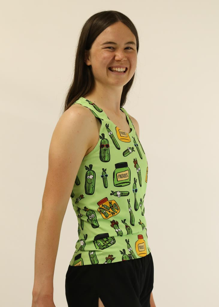 Side view of the women's pickle running singlet from ChicknLegs.