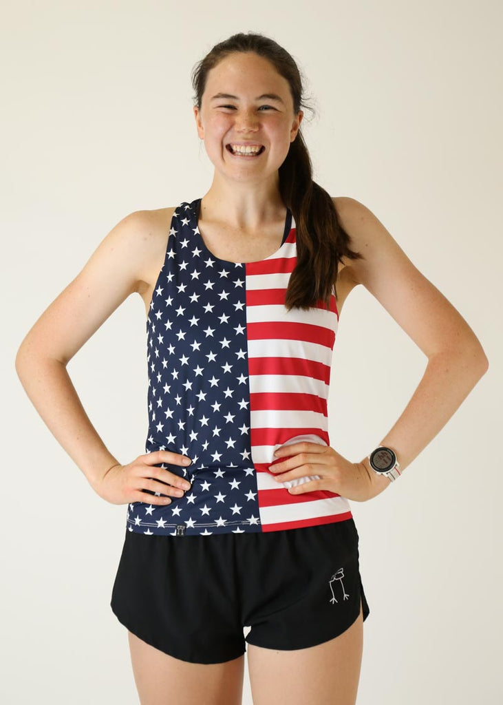 Front view of the women's USA performance running singlet from ChicknLegs.