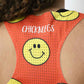 Closeup view of the back perforated mesh panel of the women's smileys running singlet.