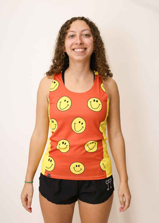 Front view of the women's running singlet with our smiley face design.
