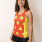 Side view of the ChicknLegs women's smiley face performance running singlet.