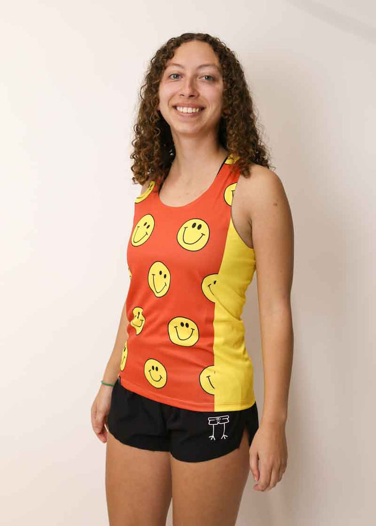Side view of the ChicknLegs women's smiley face performance running singlet.