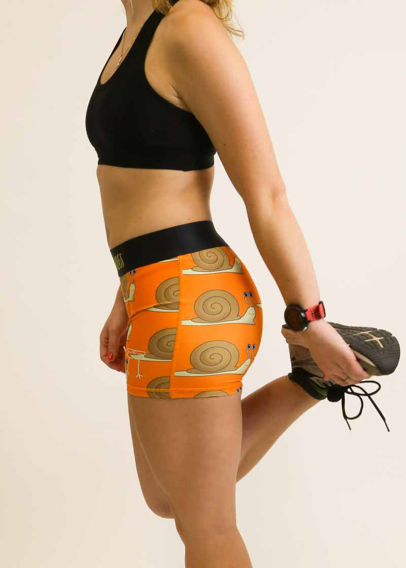 Left side view of the women's snail's 3 inch compression running shorts.