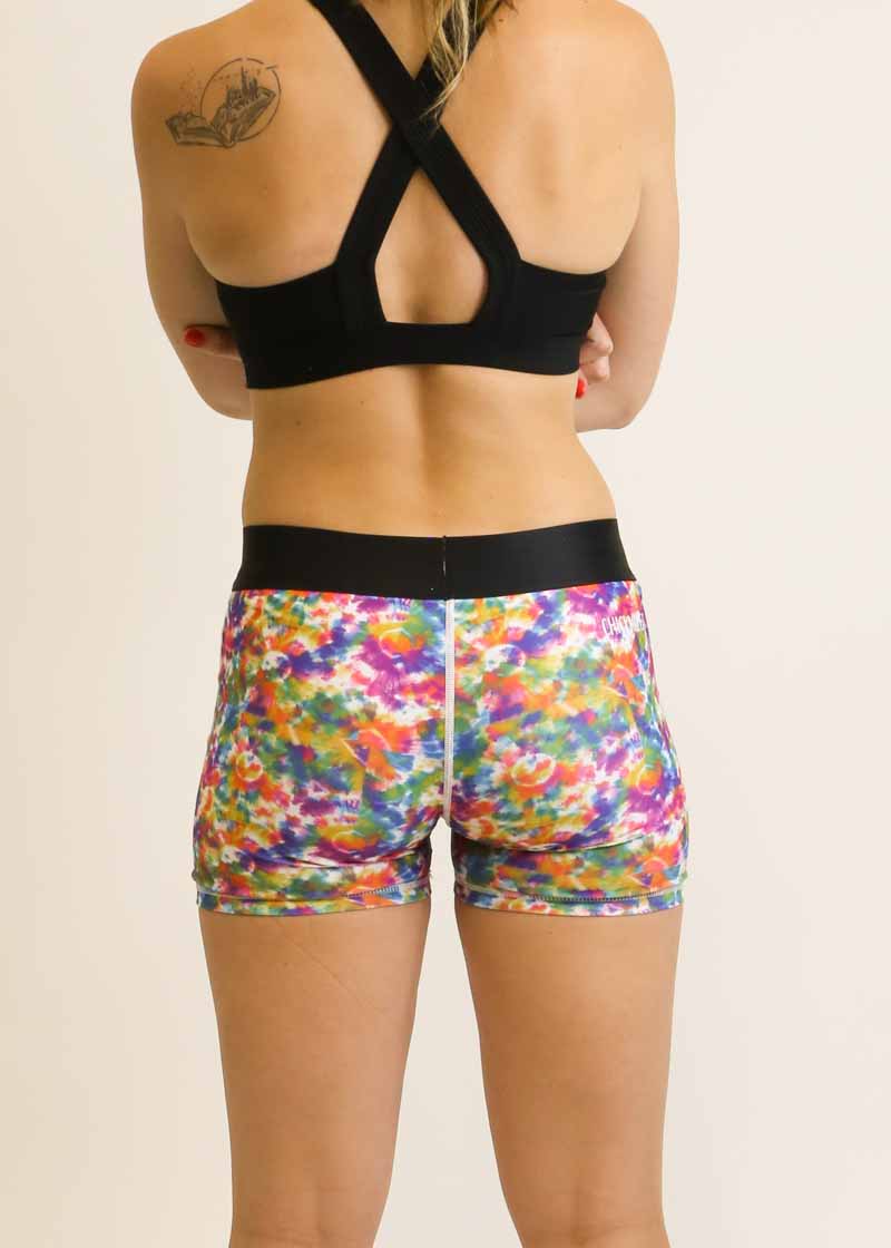 Back view of the women's 3 inch compression tie dye shorts from ChicknLegs.