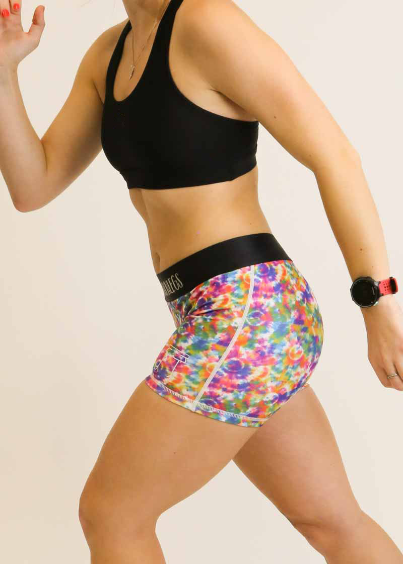 Side view of the women's tie dye 3 inch compression shorts from ChicknLegs.