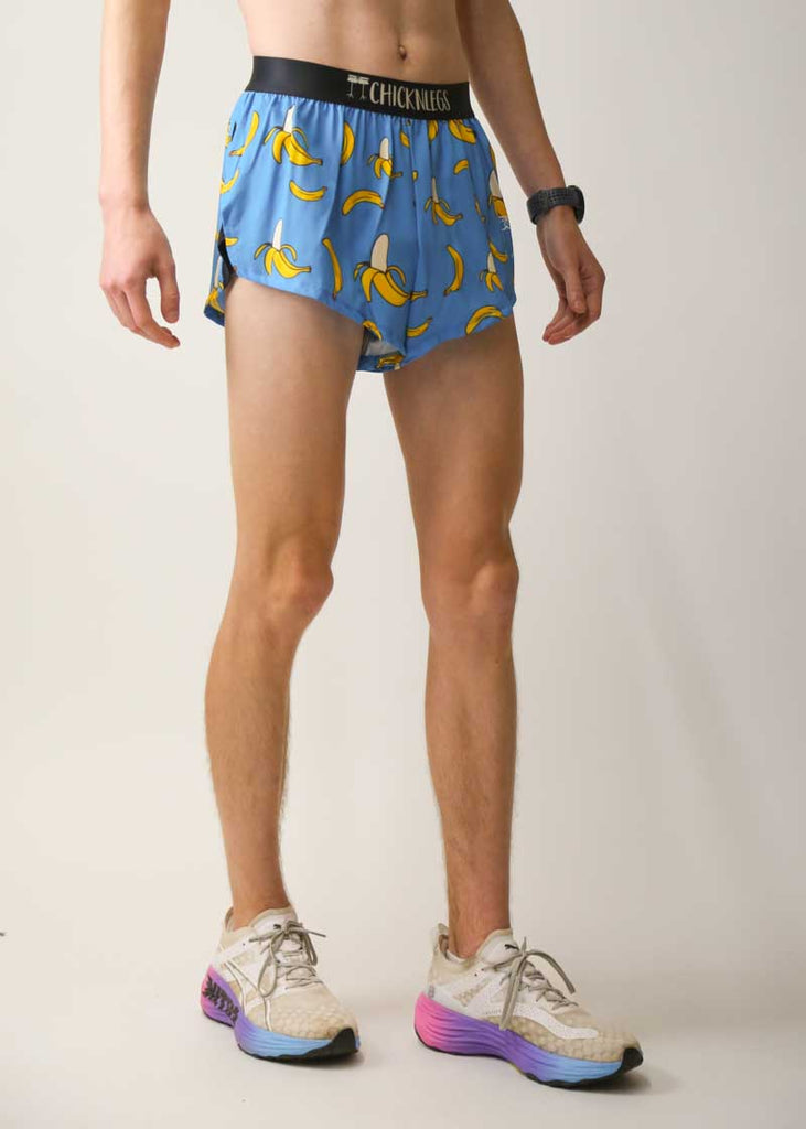 Side view of the men's 2 inch blue bananas running shorts.