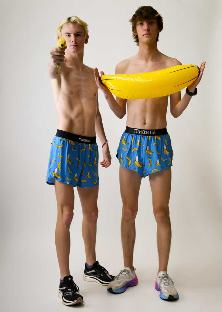 Cross country runners wearing the men's blue bananas running shorts from ChicknLegs.
