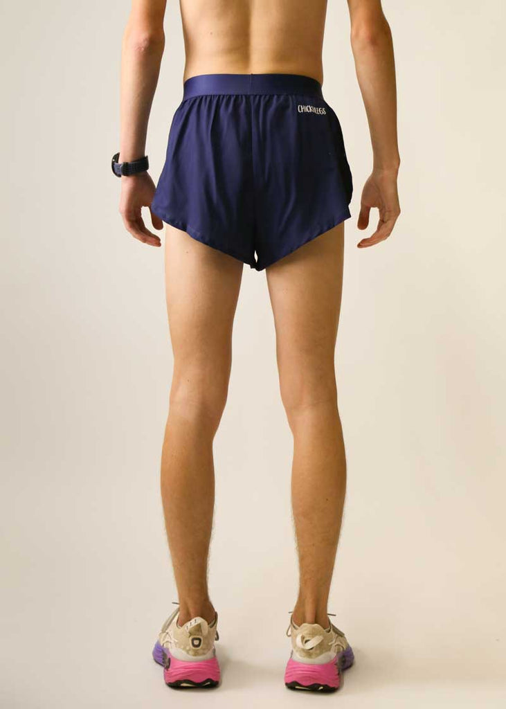 Back view of the navy blue 2 inch split running shorts.
