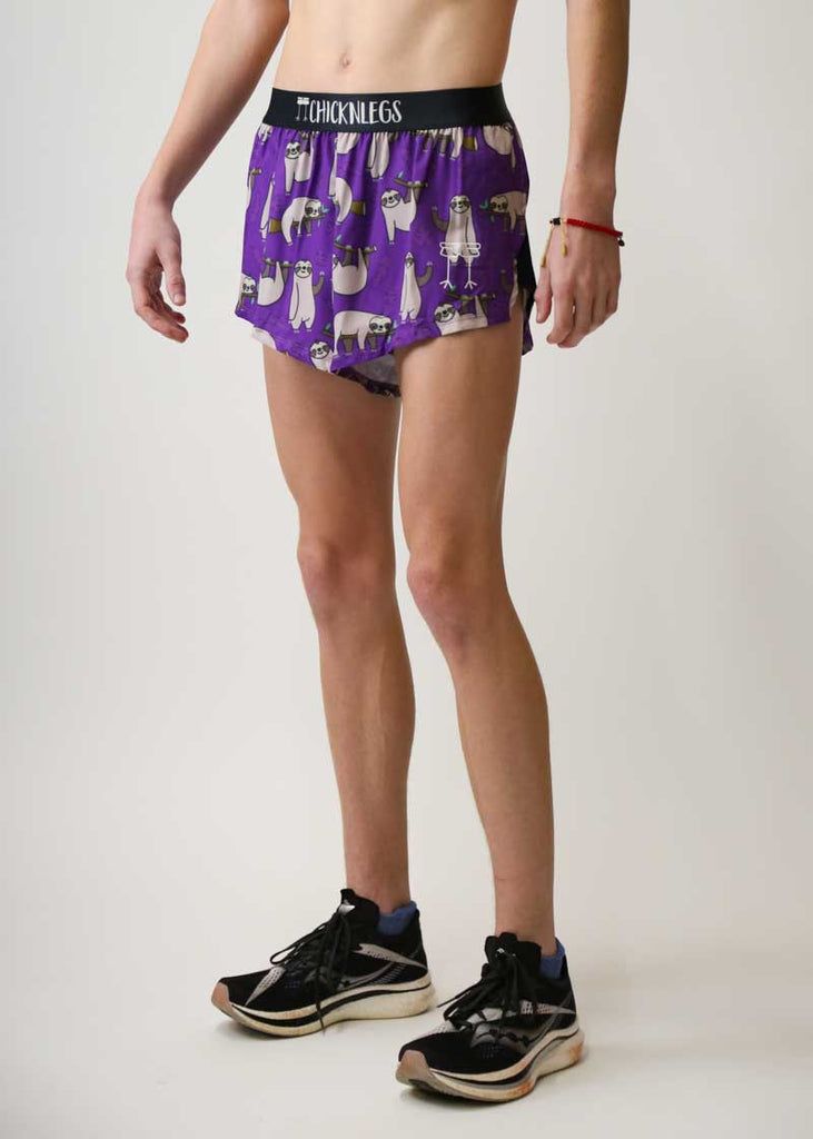 Side view of the men's 2 inch sloth split running shorts.