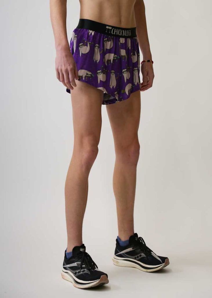 Side view of the men's 2 inch split shorts with our purple sloth design.