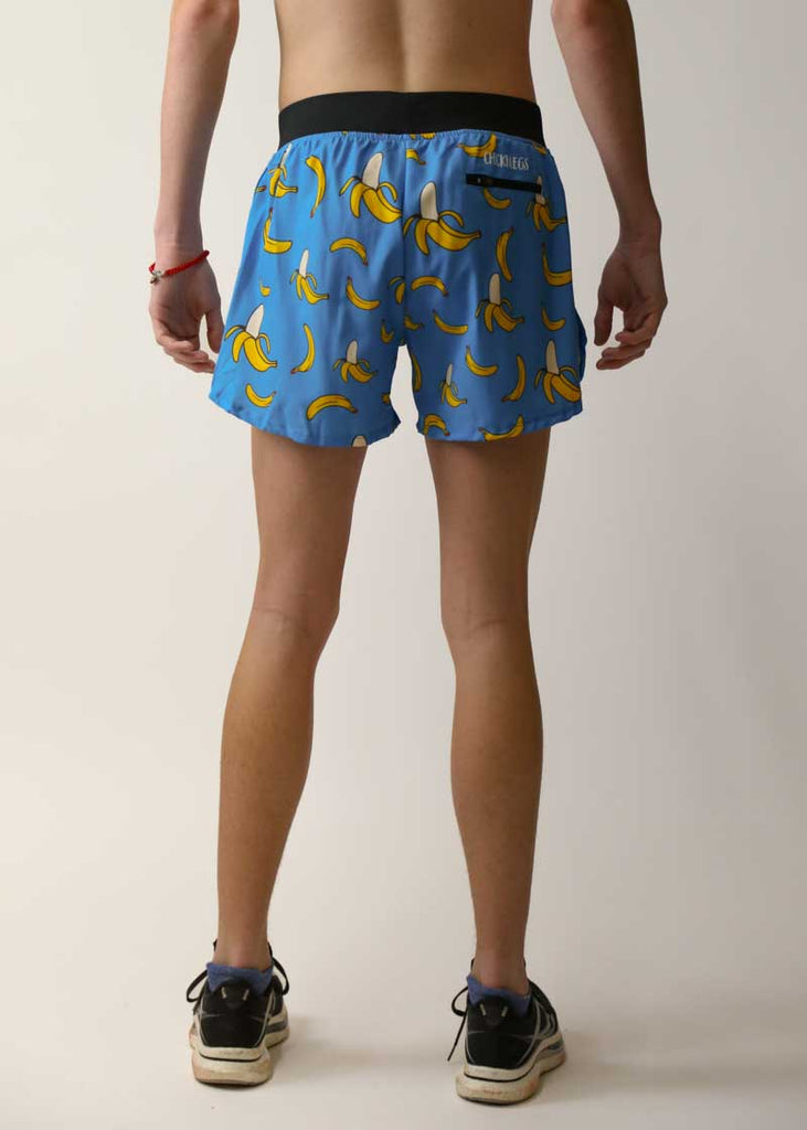 Rear view of the men's 4 inch blue bananas running shorts from ChicknLegs.