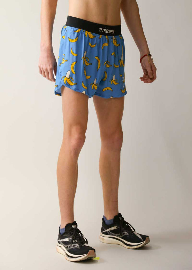 Right side view of the men's 4 inch blue bananas running shorts from ChicknLegs.