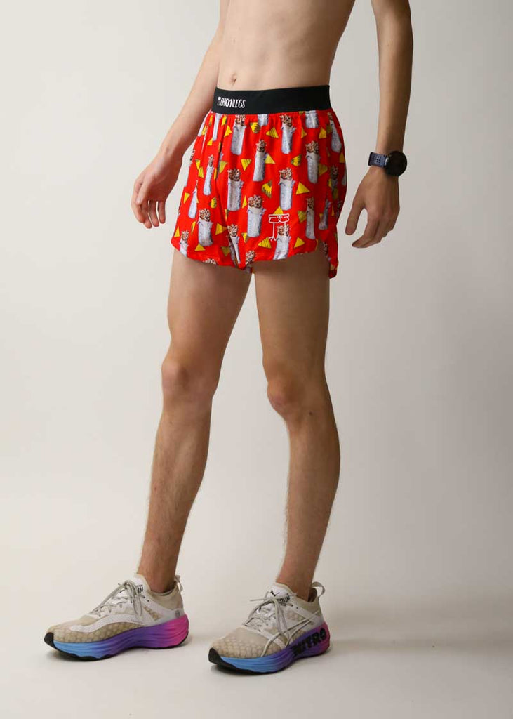 Side view of the red burrito 4 inch running shorts from ChicknLegs.