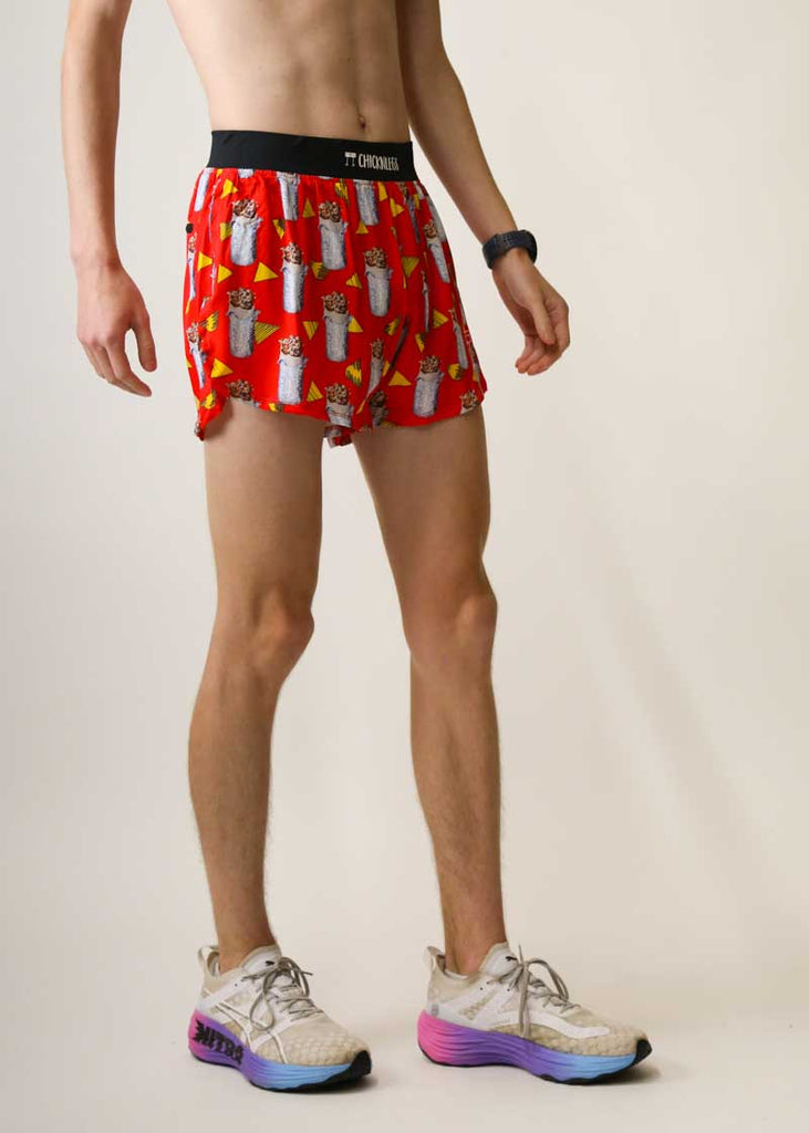 Side view of the 4 inch half split running shorts with the red burrito design.