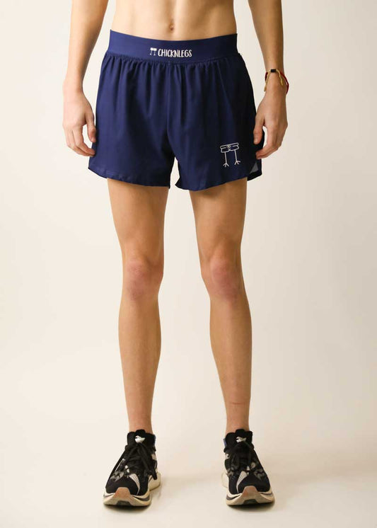 Front view of the men's navy blue 4 inch half split running shorts from ChicknLegs.