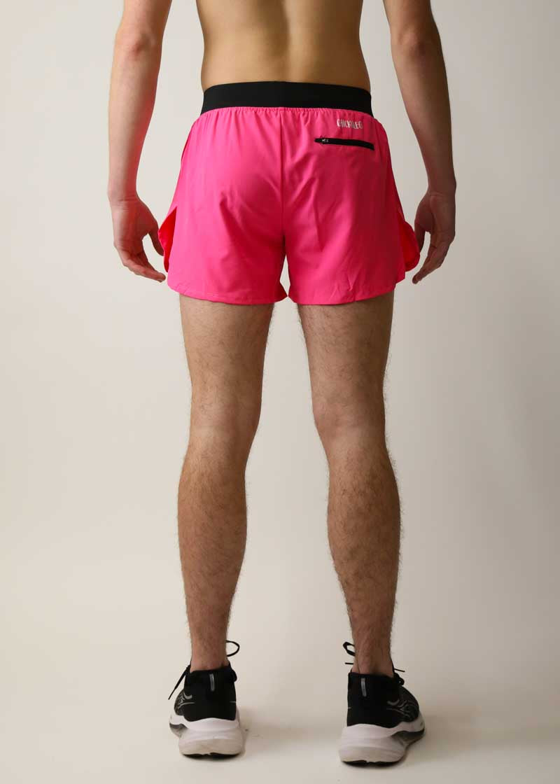 Back view of the zipper pocket on the men's 4 inch neon pink running shorts.