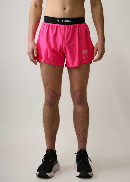 Front view of the men's 4 inch neon pink split running shorts from ChicknLegs.