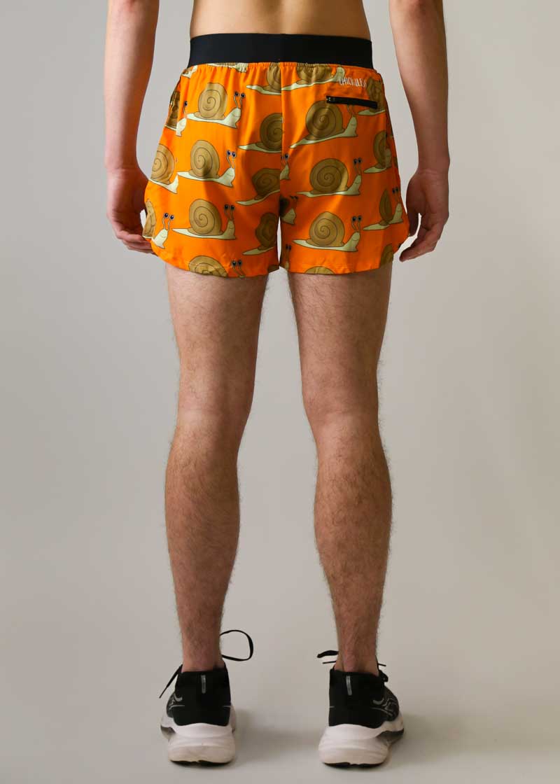 Back view of the men's 4 inch snails pace half split running shorts.