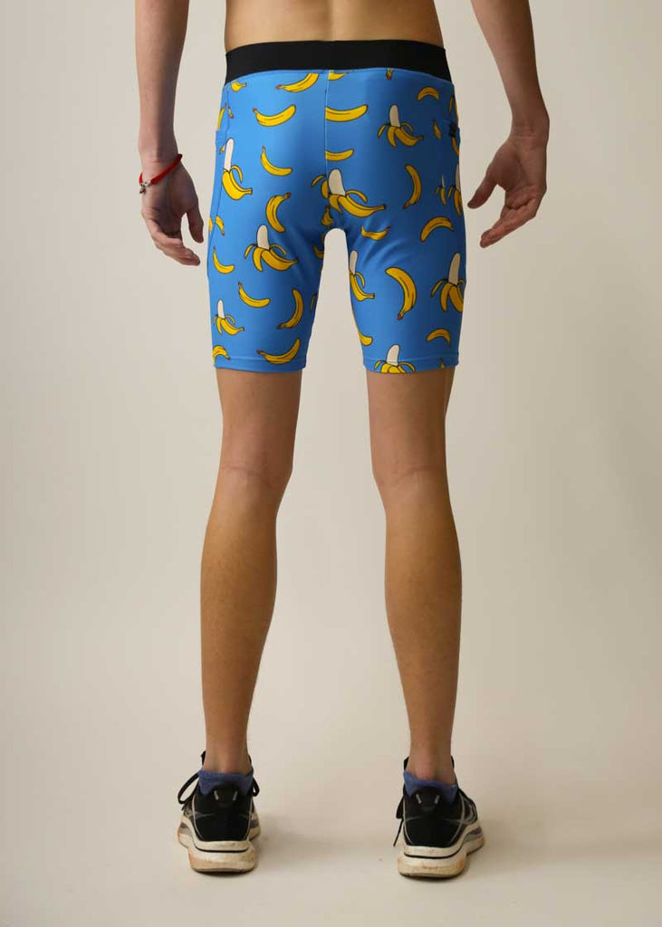 Rear view of the men's blue bananas 8" half tights.