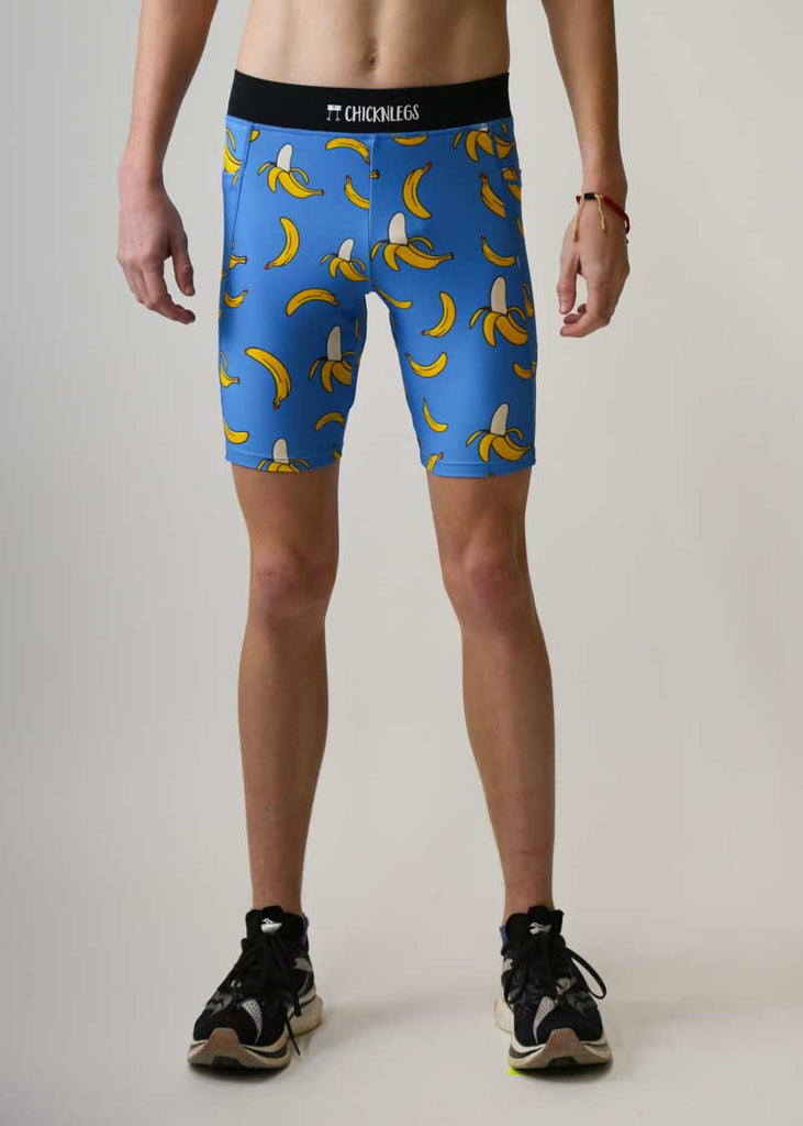 Front view of the men's blue bananas 8 inch half tights by ChicknLegs.