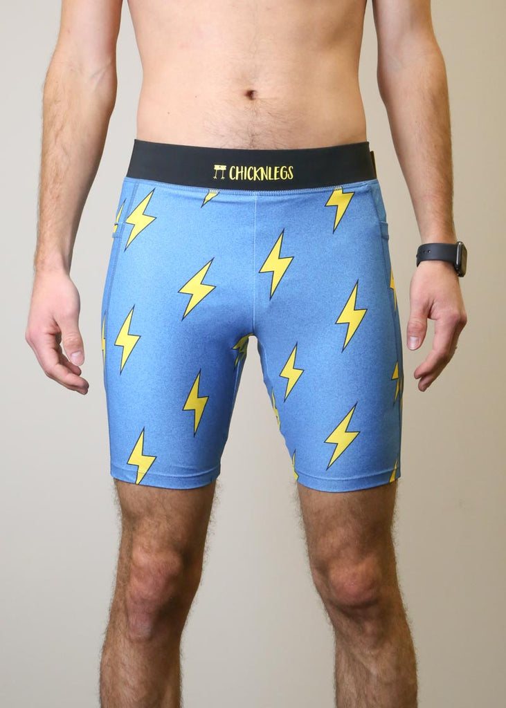 Front closeup view of the men's 8 inch blue bolts half tights from ChicknLegs.
