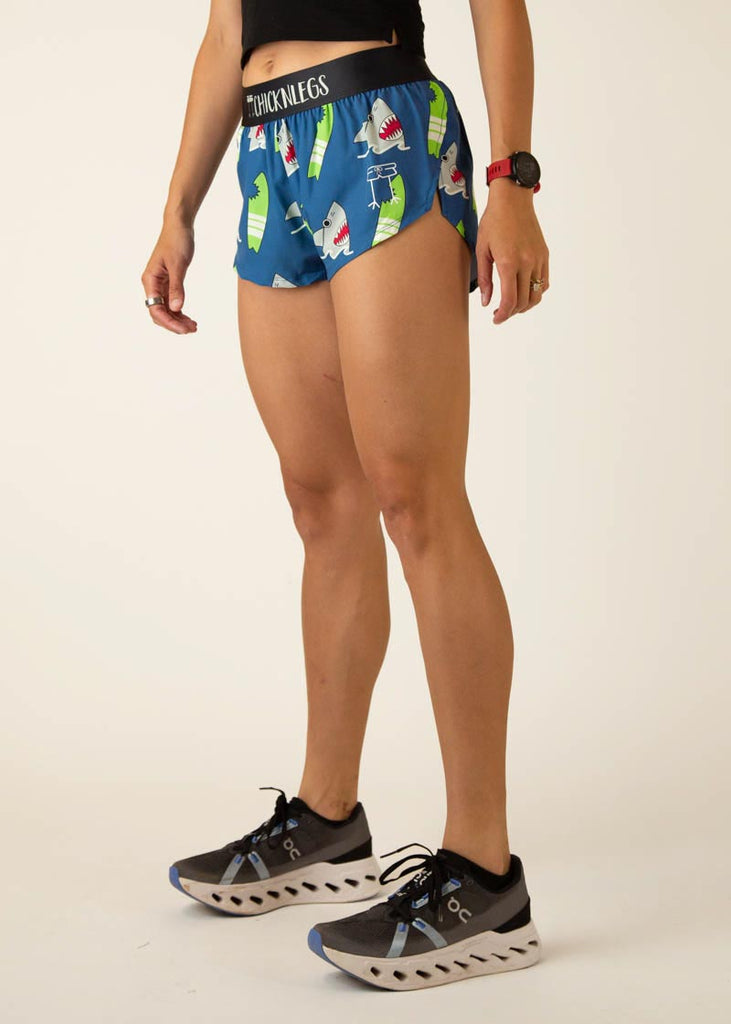 Left side view of the women's sharks 1.5 inch running shorts.