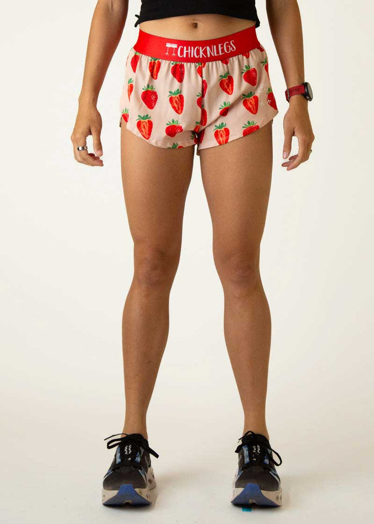 Front view of the women's strawberry 1.5 inch split running shorts from ChicknLegs.