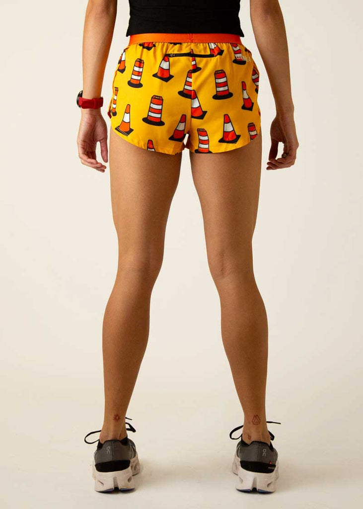 Rear view of the women's traffic cones 1.5  inch running shorts.