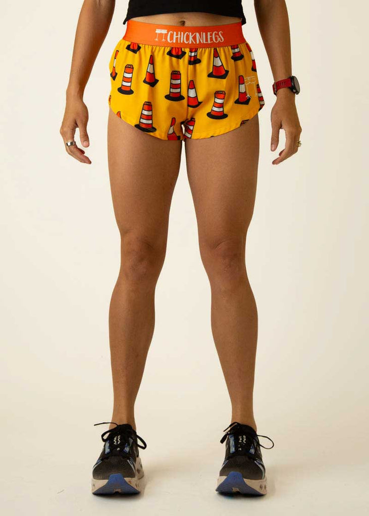 Front view of the women's traffic cones 1.5 inch split running shorts from ChicknLegs.
