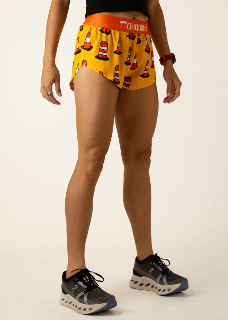 Right side view of the women's traffic cones 1.5 inch running shorts.