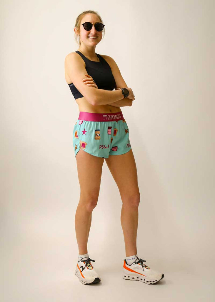 Full view of runner wearing the women's 1.5" PB&J running shorts from ChicknLegs.