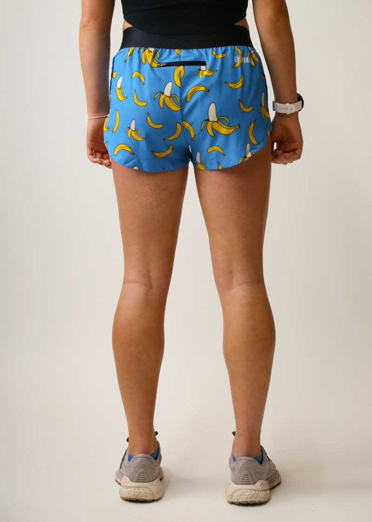 Rear view of the women's blue bananas split shorts showing our zipper pocket.