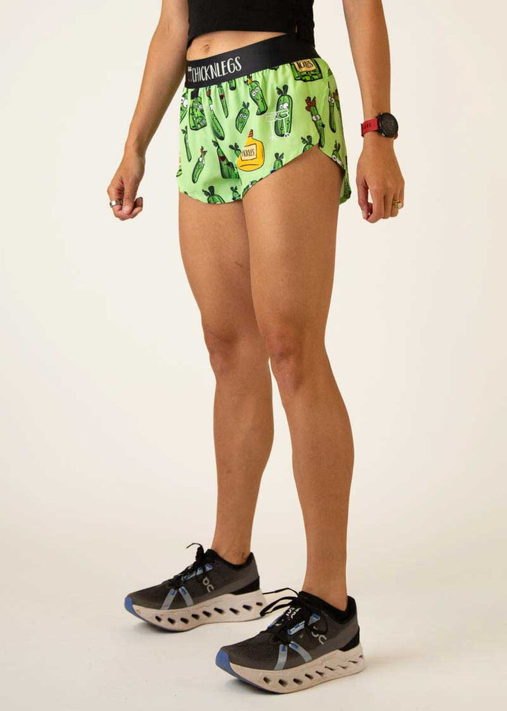 Left side view of the women's pickles  1.5 inch running shorts.